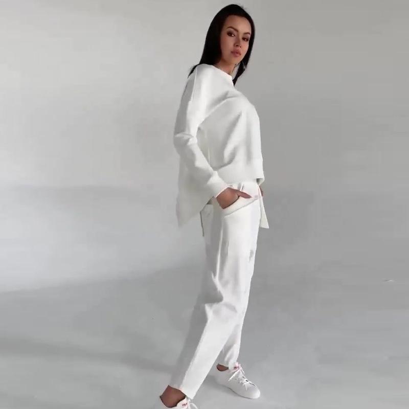 2024 European & American Casual Solid Color Two-Piece Set: Versatile Top and Long Pants for Women