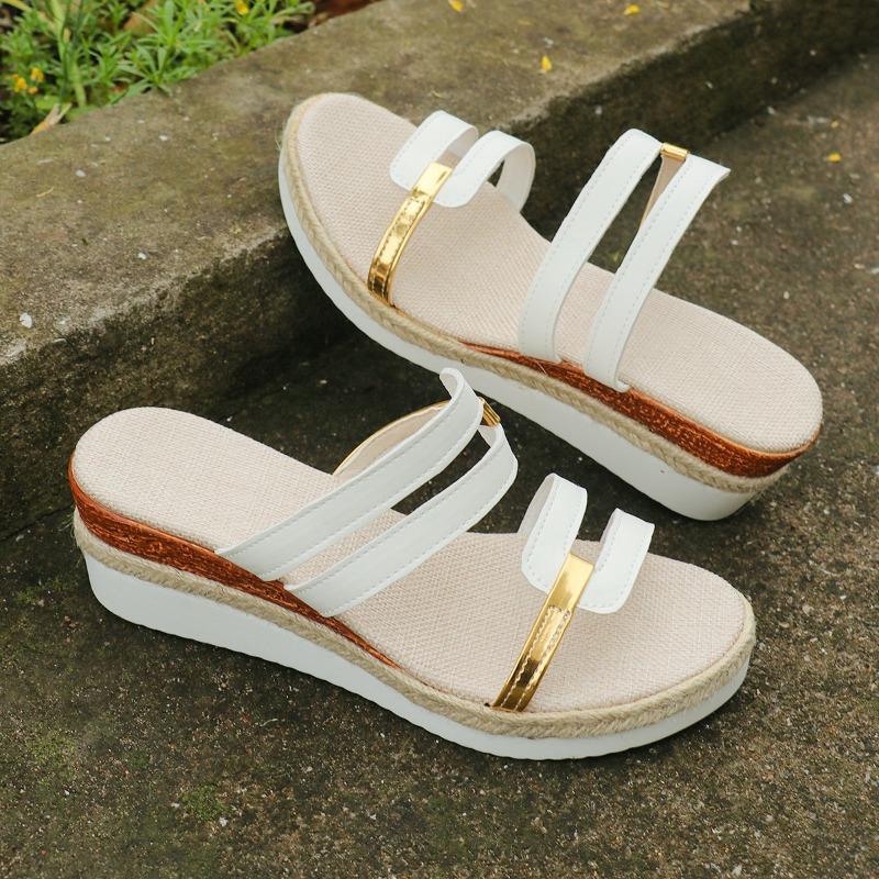 Large size slope heel cool slippers summer versatile fashion thick bottom muffin bottom one-word women's slippers