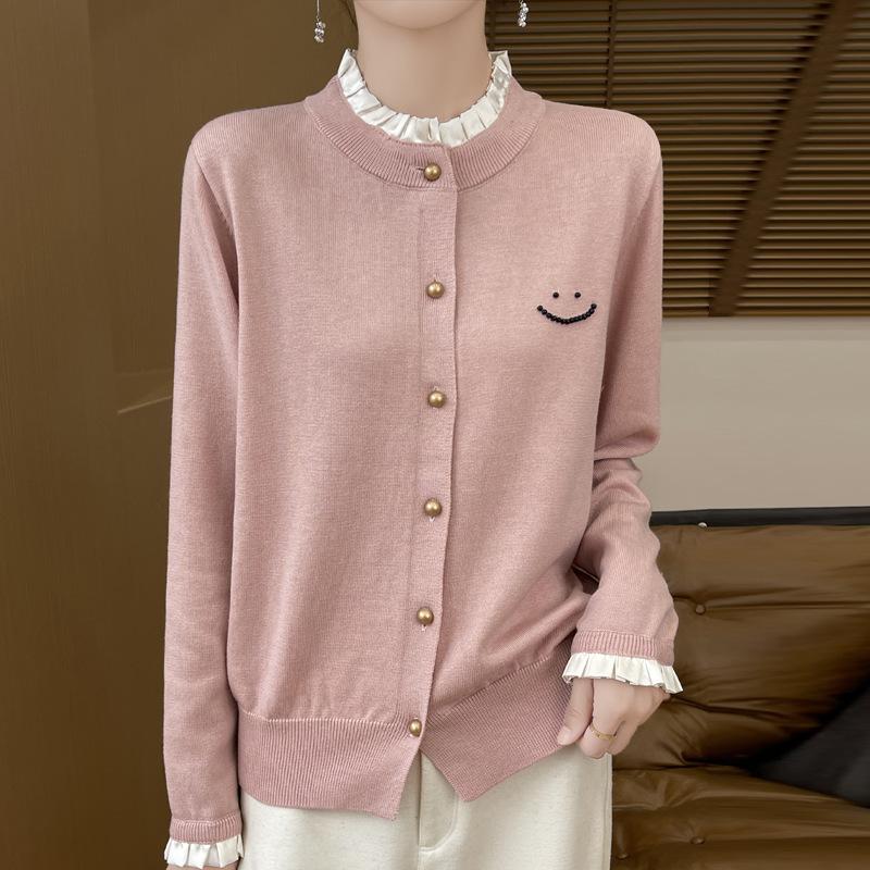 Pullover mit Rundhalsausschnitt Damen Strickjacke Herbst und Winter Holöhrchenkante Strickoberteil
