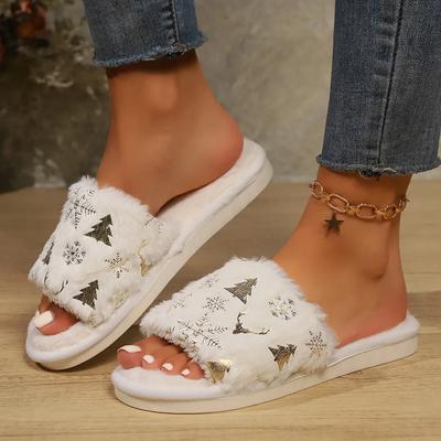 Damen Weihnachten Flauschige Fell Hausschuhe Weiche Sohle Übergröße Rutschfeste Plüsch Pantoletten Frau Winter Komfort Indoor Zuhause Hausschuhe Schuhe