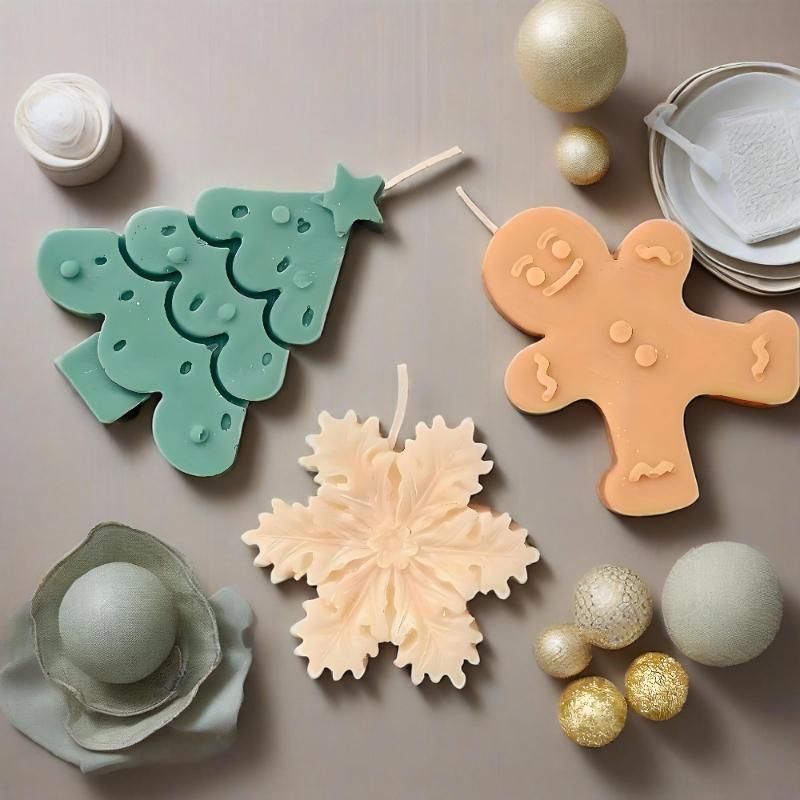 3pcs Silicone Candle Mold Set Christmas Tree Gingerbread Man Snowman DIY Drawing Animation Yeso Clay Resin Decoration Mold