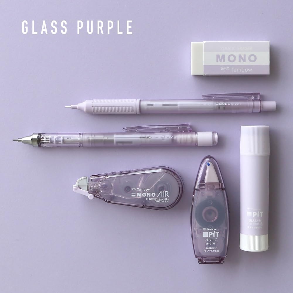 Tombow Pencil MONO x PiT Stationery Set Pastel Glass Purple Set x Mechanical Glue Correction Glue 6-Piece (2 0.5mm Pencils, Eraser, Stick, Tape, Tape)