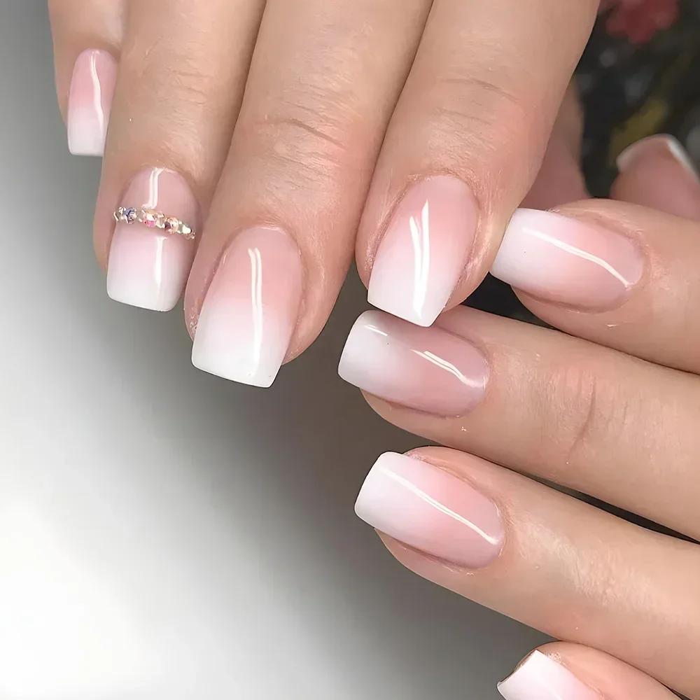 Set di 24 Unghie Balletto Corte Sfumate con Design Unghie Finte Semplici Bianche Unghie Finte a Bara Unghie Press-on Unghie Finte a Copertura Totale
