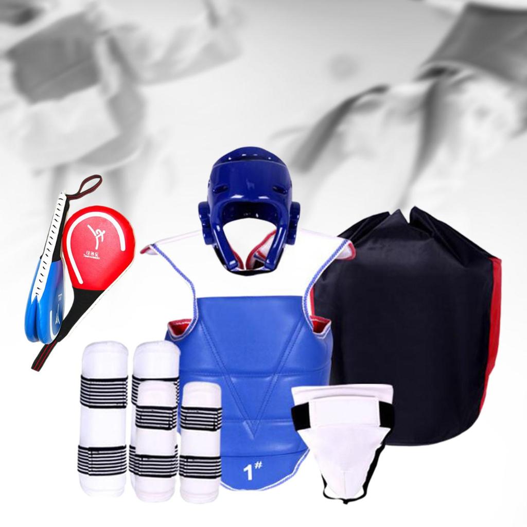 6 Pieces Taekwondo Protective Gear Set Crotch Protector with Shin Arm Guards 150 to 160cm Blue