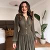 Women's Fashion Solid Color Long Sleeve Polo Collar Button Pleated Dress