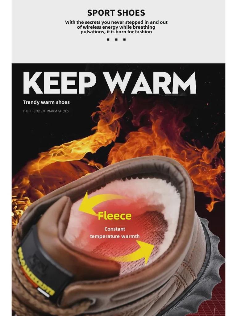 Men's High-Top Anti-Slip Leather Snow Boots with Cotton, Velvet, and Wool Fur Lining