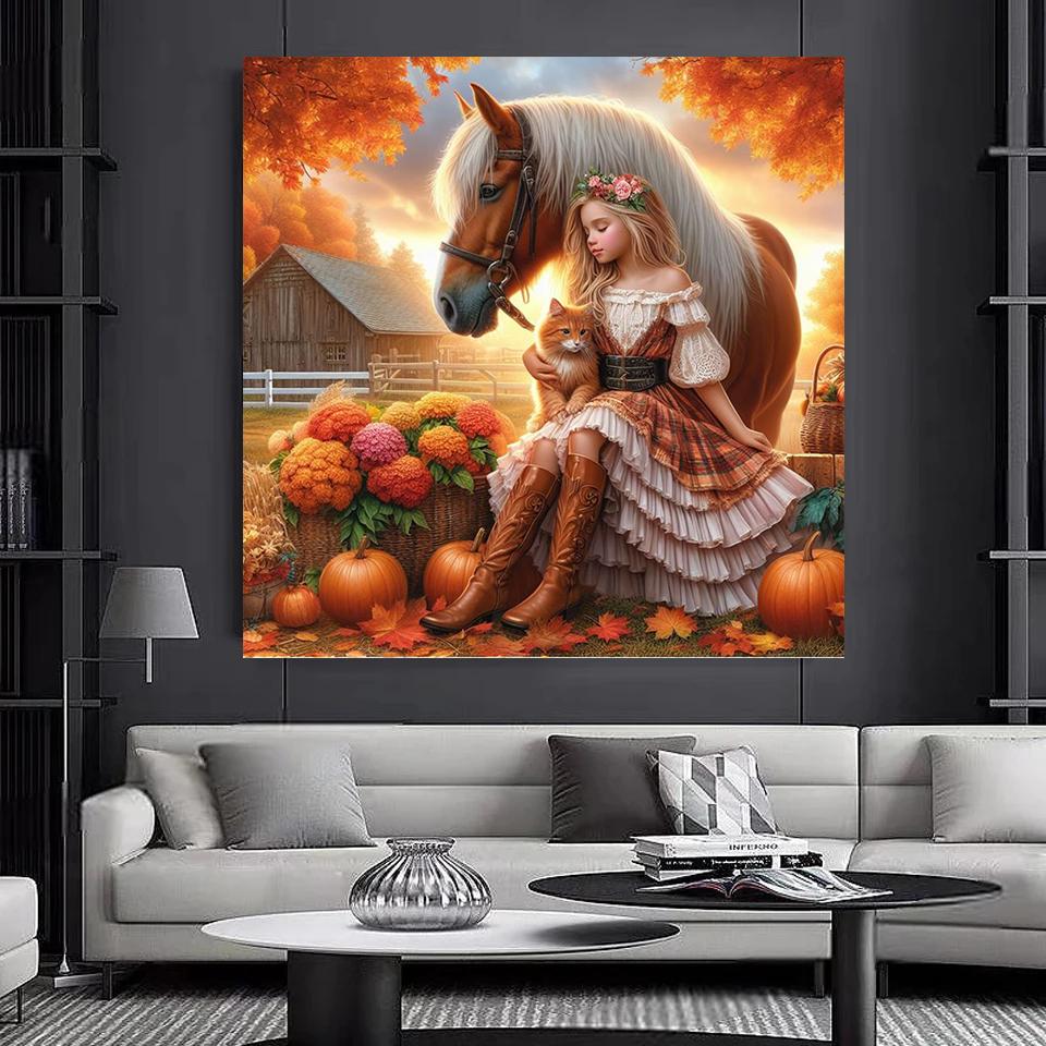Diy 5D diamantový obraz Nový produkt Zasněná dívka a plná mozaika Zvířecí kůň Psí obrázek Výšivka na zeď
