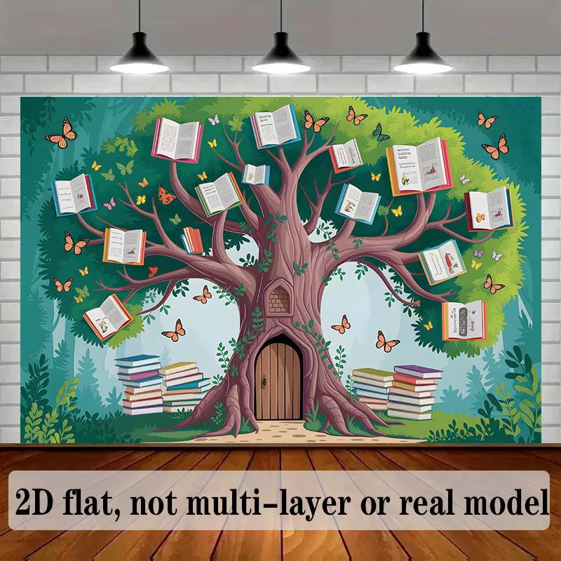 2D Bücherwurm Party Hintergrund, Verzauberter Baum und Waldtür für Kinder Fotoshooting