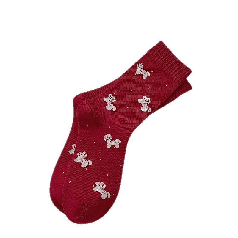 Year Of The Horse Red Socks Mid-Leg Socks Season Thickened Warm Embroidered Pony 26 New Year'S Stockings