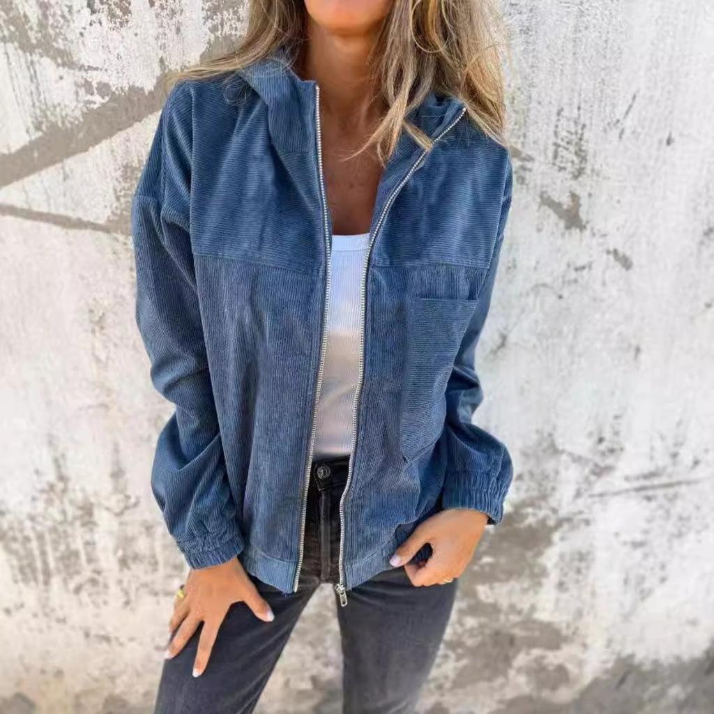 Women's Solid Corduroy Hooded Jacket Autumn New Casual Simple Style Coat For Women