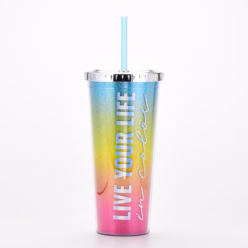 

Rainbow Gradual Change Color Double Layer Water Bottle Electroplating Cover Straw Water Cup Symphony Portable Outdoor Cup 550ml/700ml