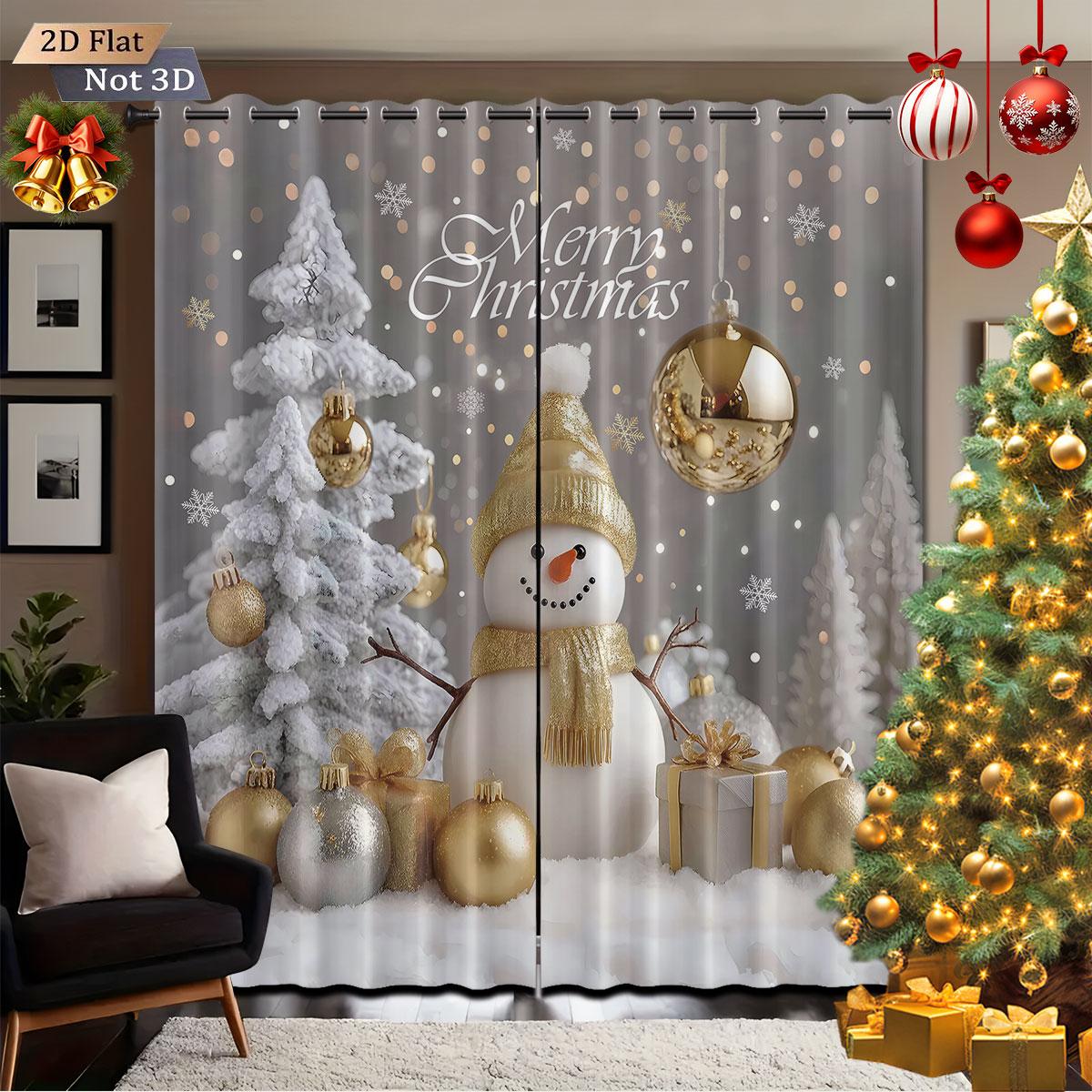 

2pcs Christmas tree snowman white printed blackout curtains insulation multiple sizes living room decoration, machine washable 140x160&Grommet Top