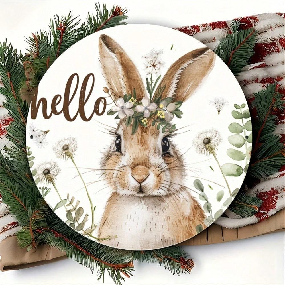 8 Inch Round Easter Bunny Metal Sign Wall Decor