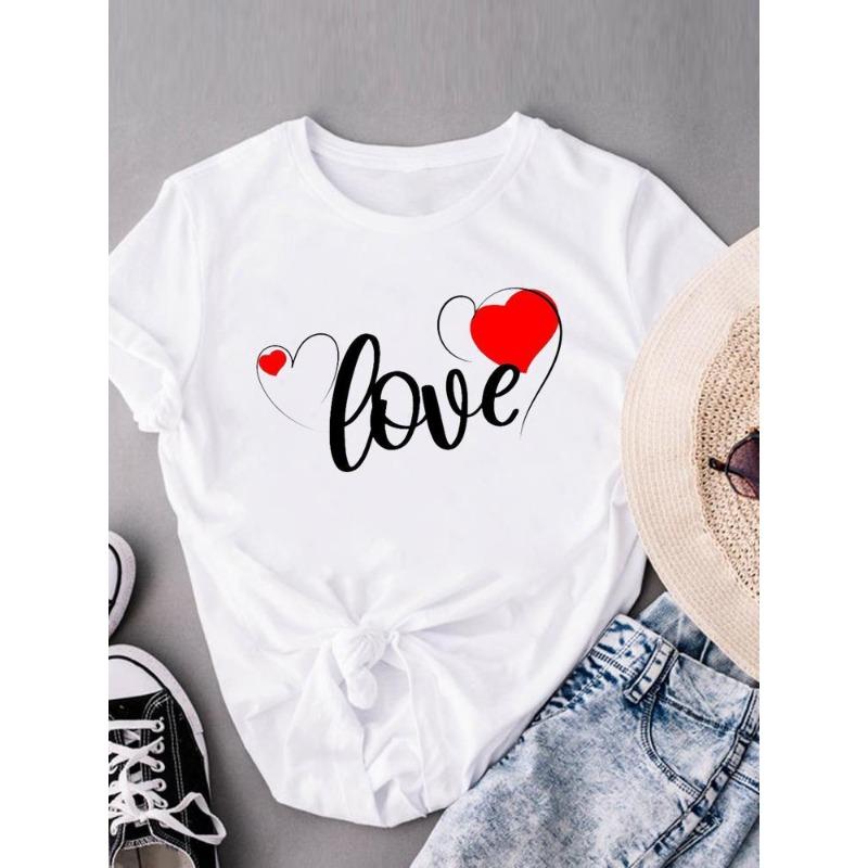 (European Size) Sweet Love Heart Women Tee Top Style Trend Cute Clothing Casual Short Sleeve Fashion Print Lady Tshirt Female Graphic T-shirts