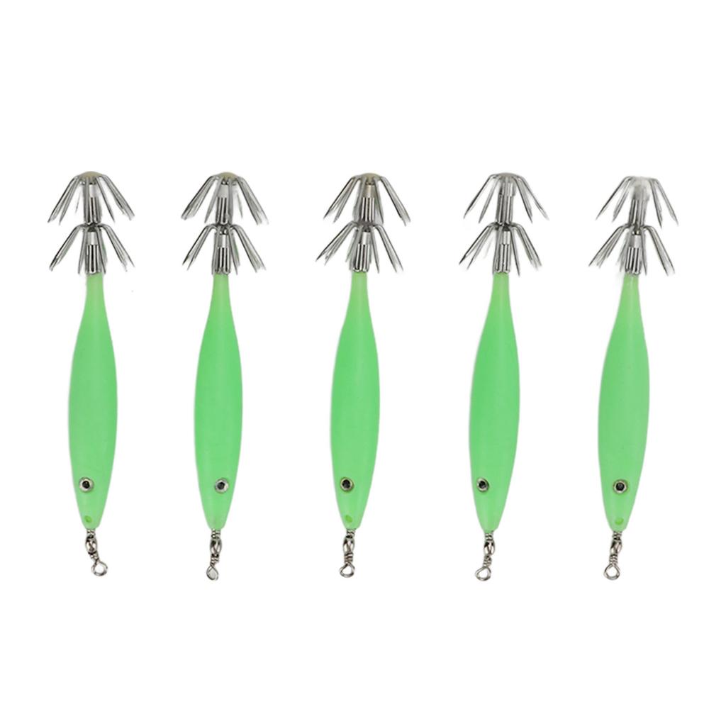 5Pcs 8cm Fishing Lure with Hook Cuttlefish Jig Wood Shrimp Bait for Outdoor Saltwater Freshwater Luminous Green