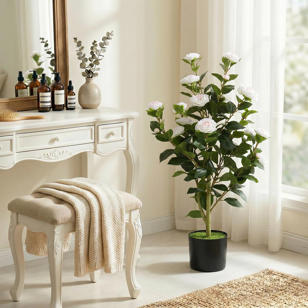 Faux Camellia Plant With Realistic Flowers 176 PEVA Leaves And Black PP Pot Filled With Cement White