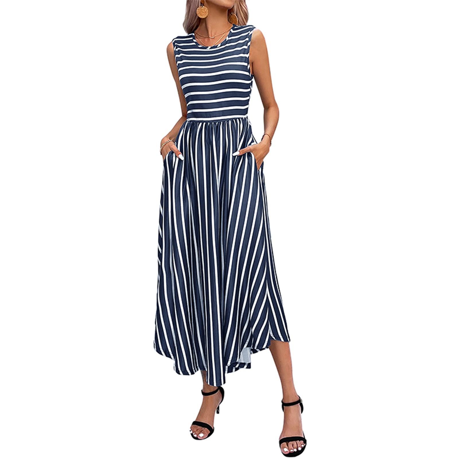 

Женское платье повседневное с круглым вырезом в полоску без рукавов XL тёмно-синий