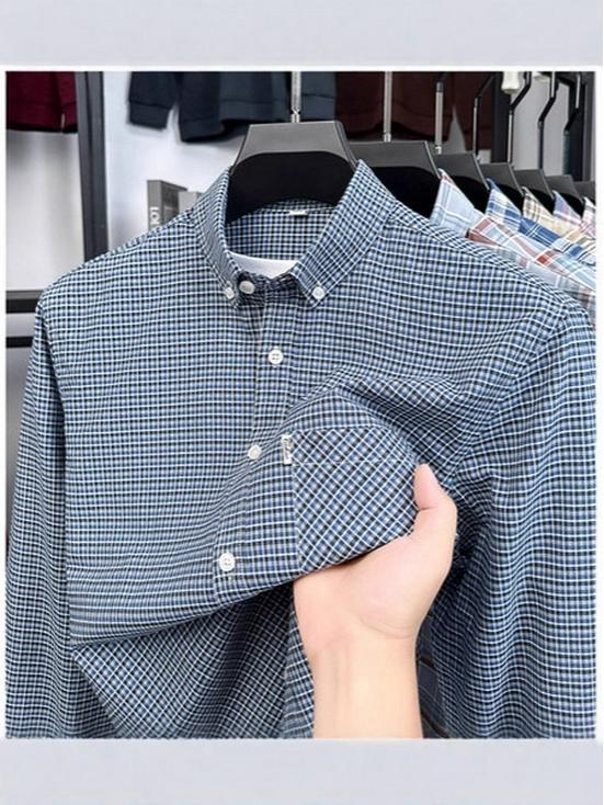 Herr Premium Långärmad Rutig Bomullsskjorta: Nedvikt krage, Vår/Höst Business Casual
