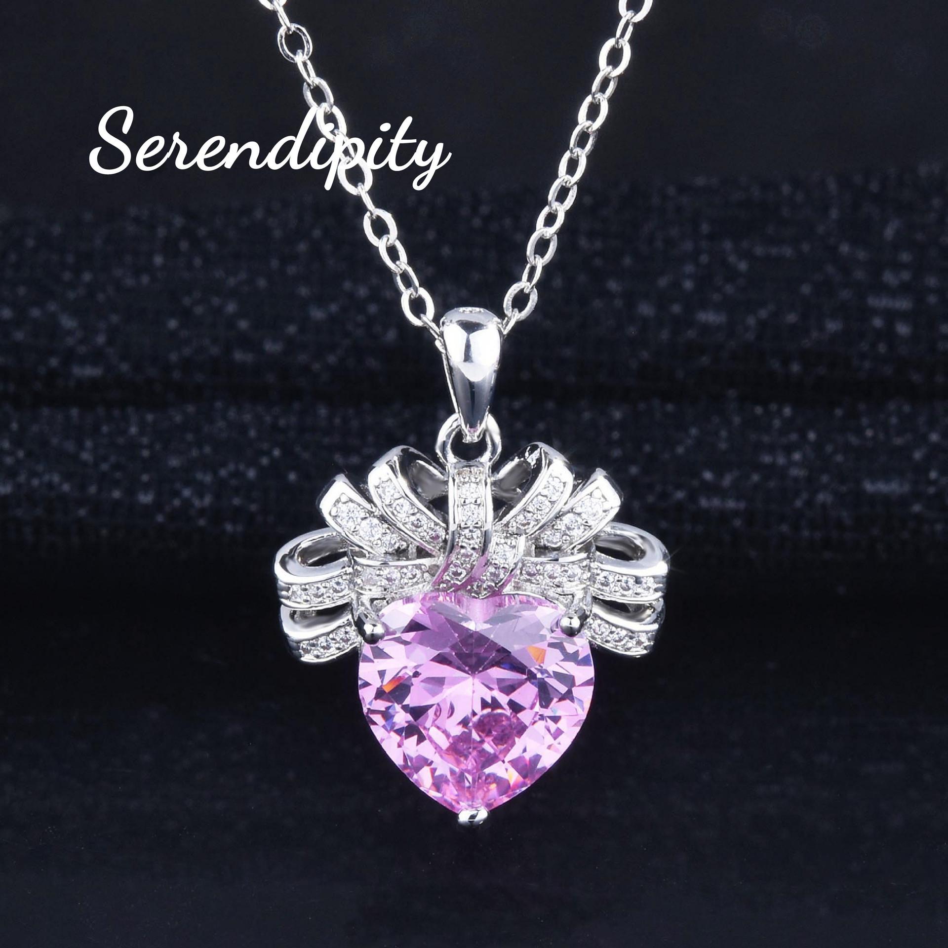 Light Luxury Love Pink Diamond Necklace Bow Heart Pendant Pink Zirconium Earrings Open Peach Heart Ring Pink Heart Set Women