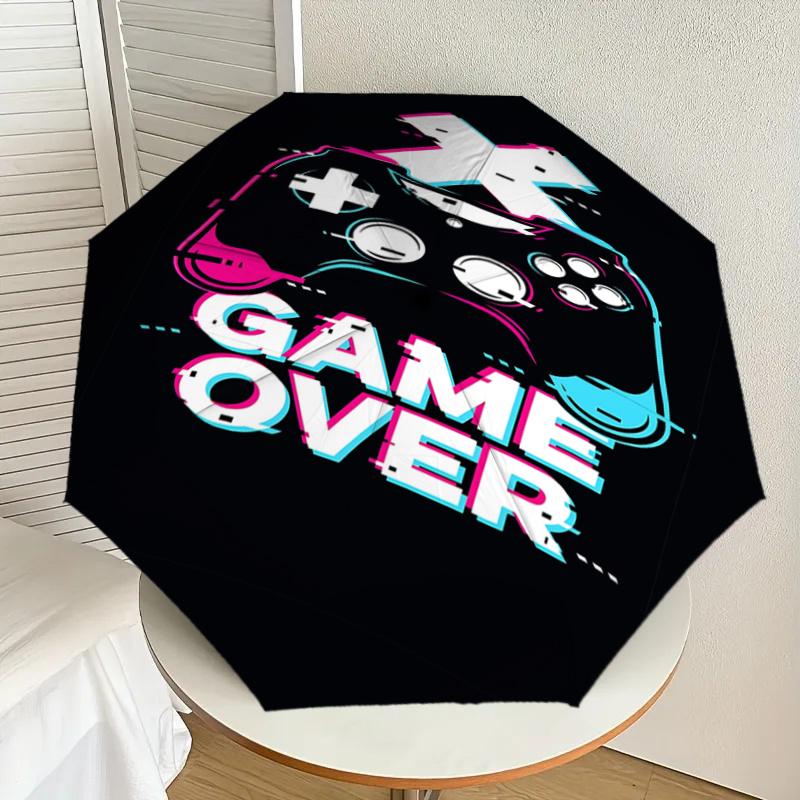 Game Over Video Game Controller Glitch Effect Automatic Opening Folding Umbrella with 8-Bone Iron Frame - Portable Design for Outdoor Use, F