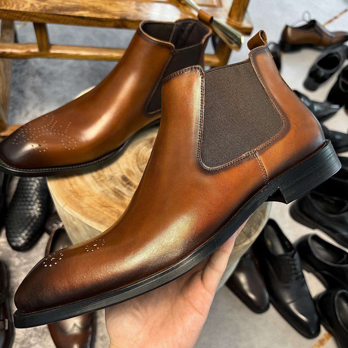 

Новая мужская обувь на высоком голенище осень-зима, британские ботинки челси с квадратным носком и резным узором, модная мужская обувь 44 темно-коричневого