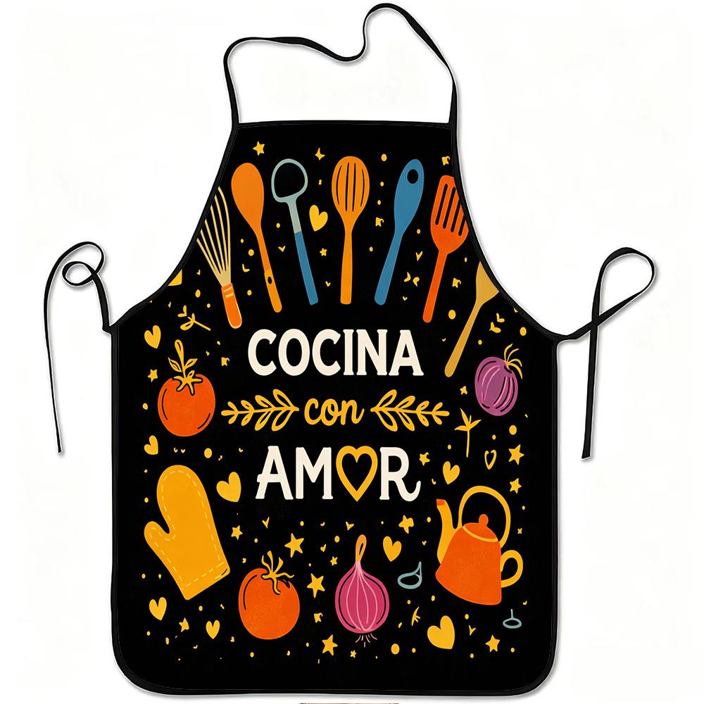1pc Cocina Con Amor Kitchen Love Print Apron, Durable and Easy To Clean, Adjustable Waistband, Polyester Material, for Kitchen Cooking, Gardening, Orc