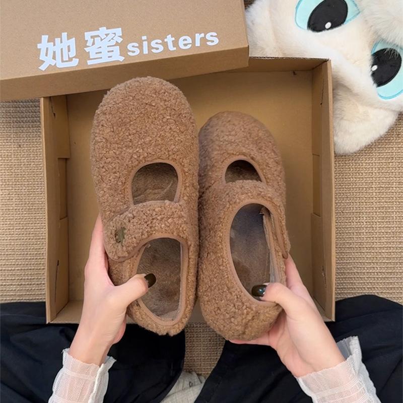 Klittenband grijze pluizige schoenen voor dames winterkleding nieuwe fluwelen enkele schoenen warme katoenen schoenen platte Mary Jane Doudou schoenen
