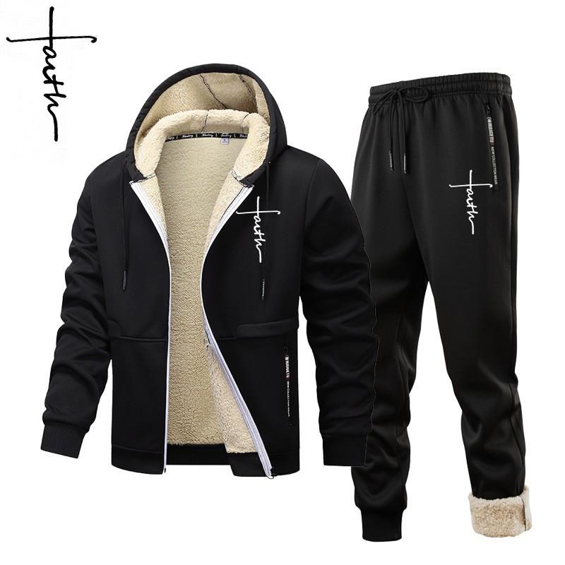 

Men s Suit Thick Warm Sports Jacket+Trousers Two-Piece Tracksuit Winter Outdoor Casual Hoodie Sportswear XS