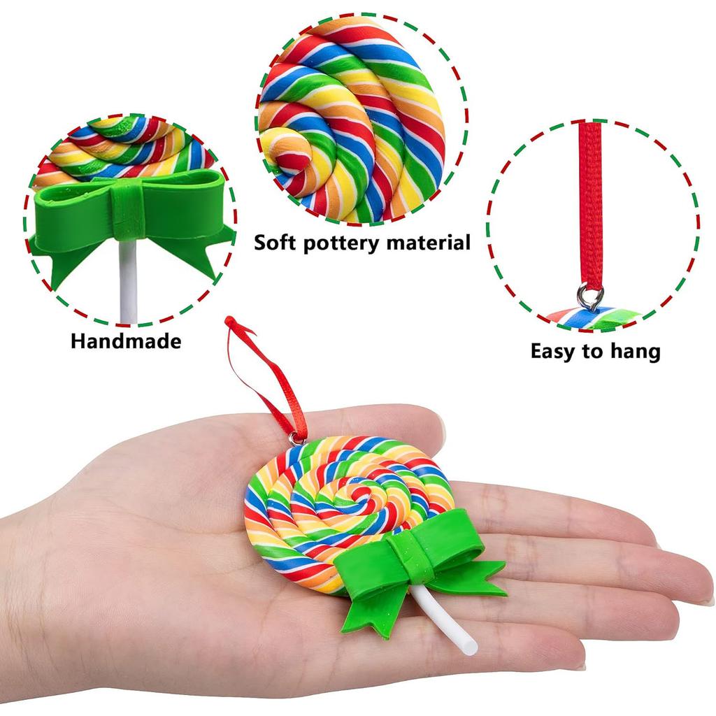 Christmas Lollipop Ornaments- Rainbow Lollipop Hanging Ornaments- Christmas Candies Polymer Clay Ornament for Xmas Tree