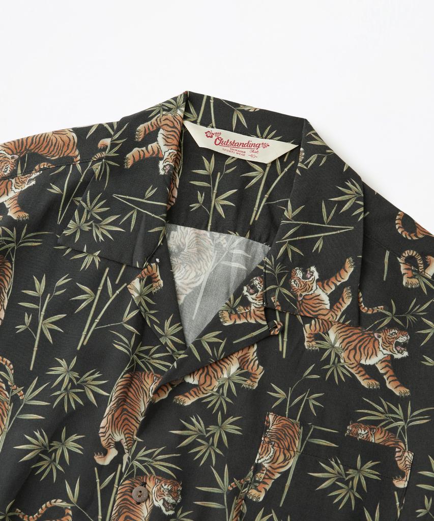 OUTSTANDING Hawaiian Open Collar Half Shirt Bamboo Tiger_Black