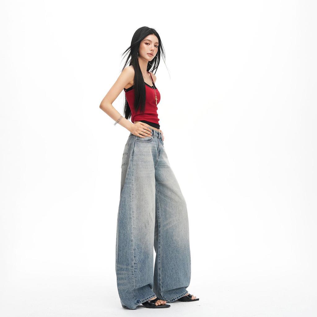 Spring Summer Vintage Wash Small Saber Lazy Floor Relaxed Denim Pants For Ladies Casual Pants Oversize Denim Trousers