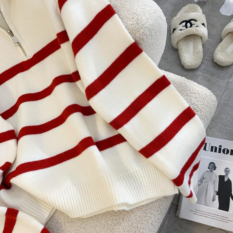 Vysoce kvalitní trendy pletený svetr na zip v korejském stylu pro ženy – Modrý pruhovaný, Jedna velikost