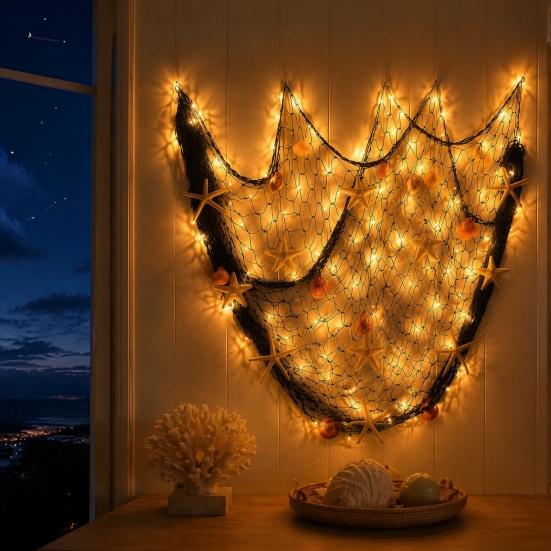Seasonal Theme Decoration Fishing Net Wall Decoration, Lighted Coastal Art, Light-Up Decorative Photo Display Netting Hanging for Beach House