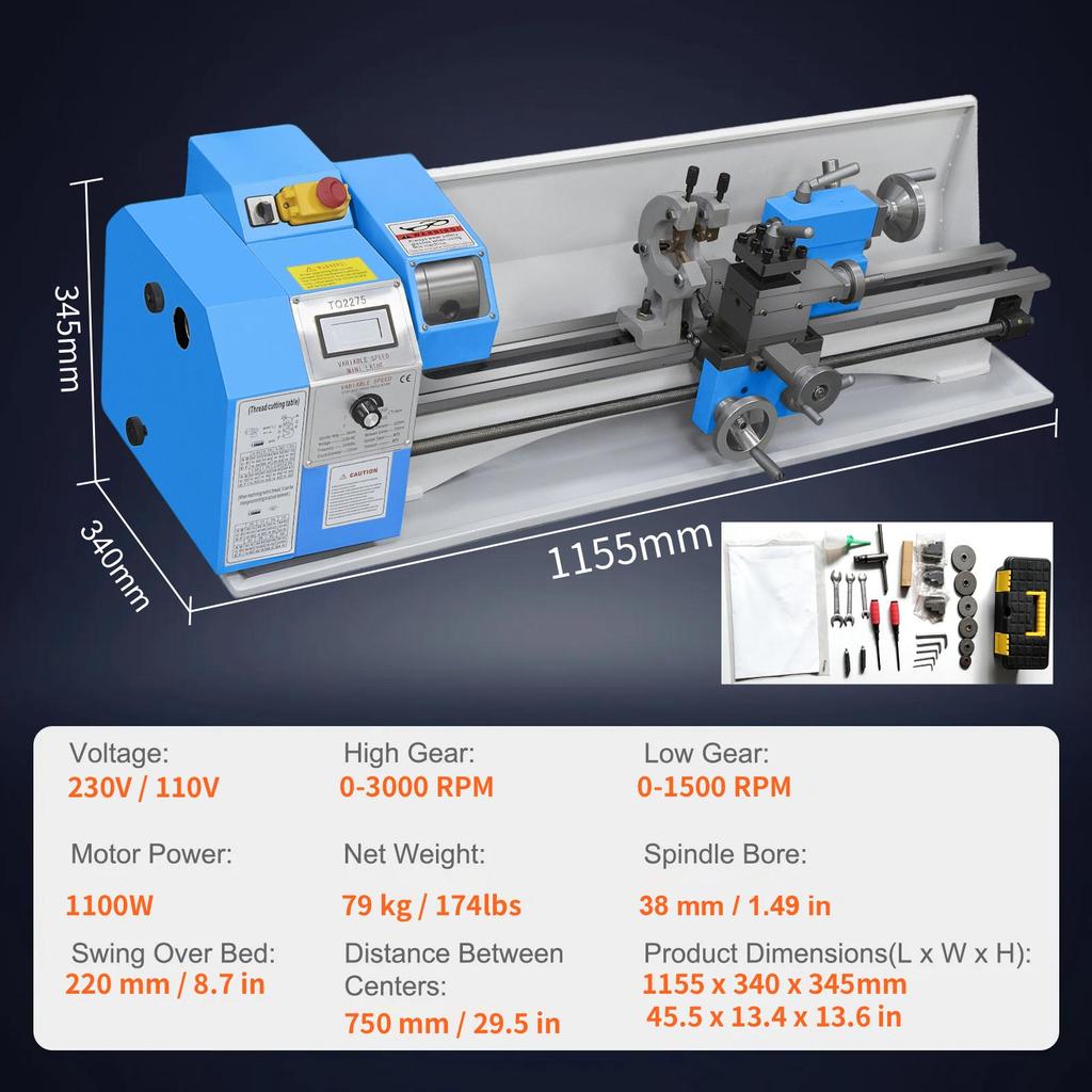 Mini Metal Lathe Machine 220x600 Mm Precision Benchtop Power Metal Lathe Variable Speed 1100W Brushless Motor Metal Gears