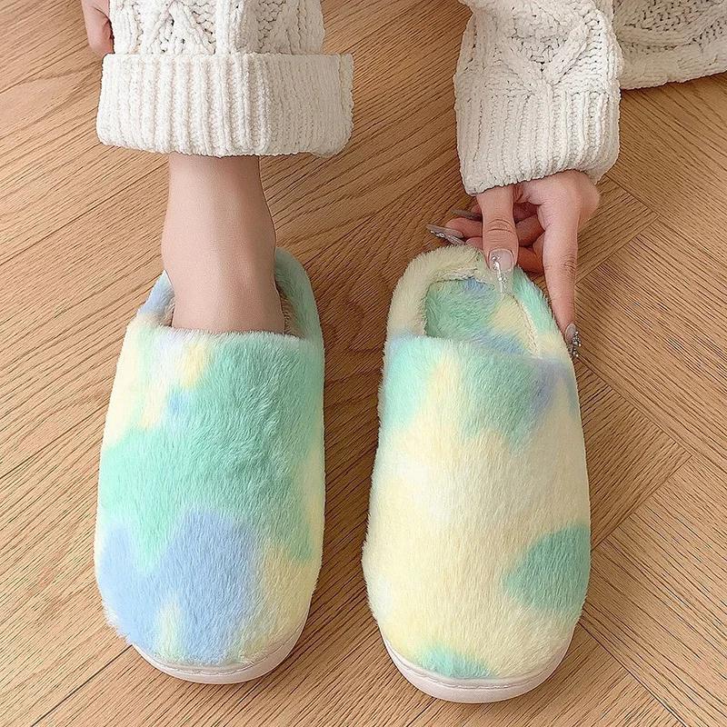 Tie Dye Gradient Plush House Slippers for Women Faux Fur Soft Sole Indoor Cotton Shoes Woman Winter Warm Flat Furry Slippers