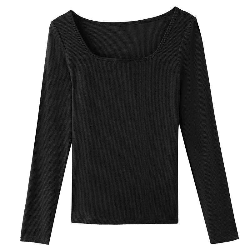 

Осенняя женская новая нижняя рубашка с глубоким вырезом, облегающая футболка с длинными рукавами в европейском и американском стиле с резьбой M чёрный