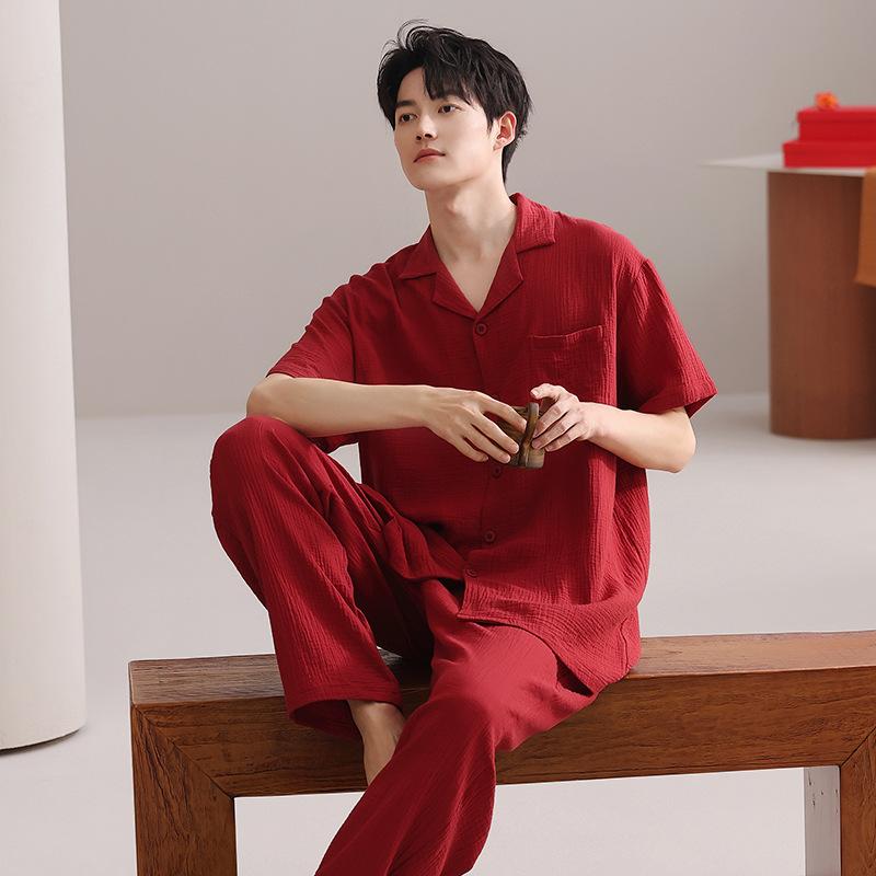 Red Cotton Couple Pajamas Wedding Set 1011 New Short-sleeved Woven Gauze Cotton Loungewear