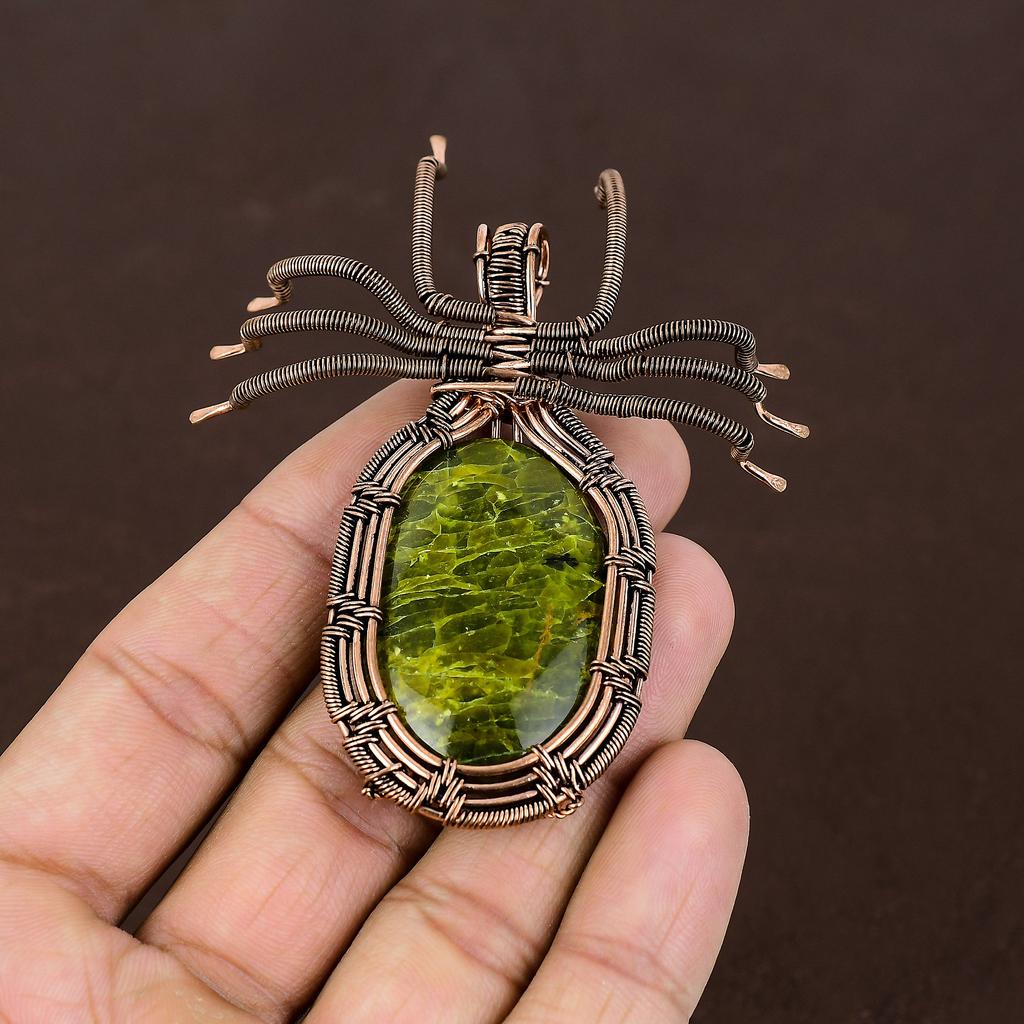Green Opal Handmade Copper Wire Wrap Spider Pendant 2.56" M7q95