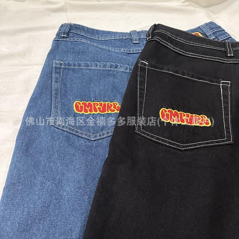 Mens Black Denim Skateboard Pants Straight Fit Embroidered Casual Wear