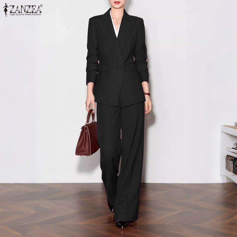 ZANZEA Trajes casuales de dos piezas para mujer con blazer de manga larga y pantalones