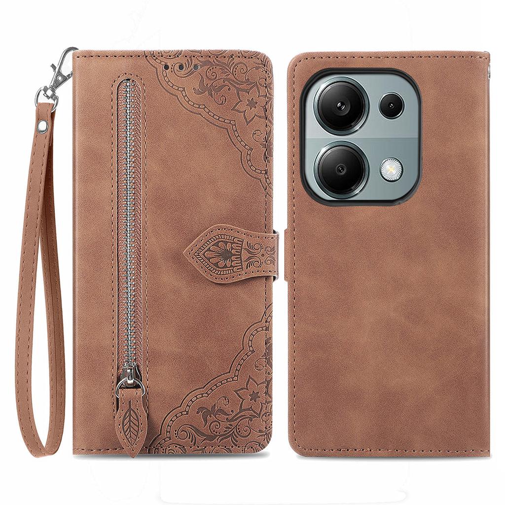 For Xiaomi Redmi Note 13 Pro 4G/Poco M6 Pro 4G Zipper Wallet Case with Strap Flower Imprint PU Leather Phone Cover