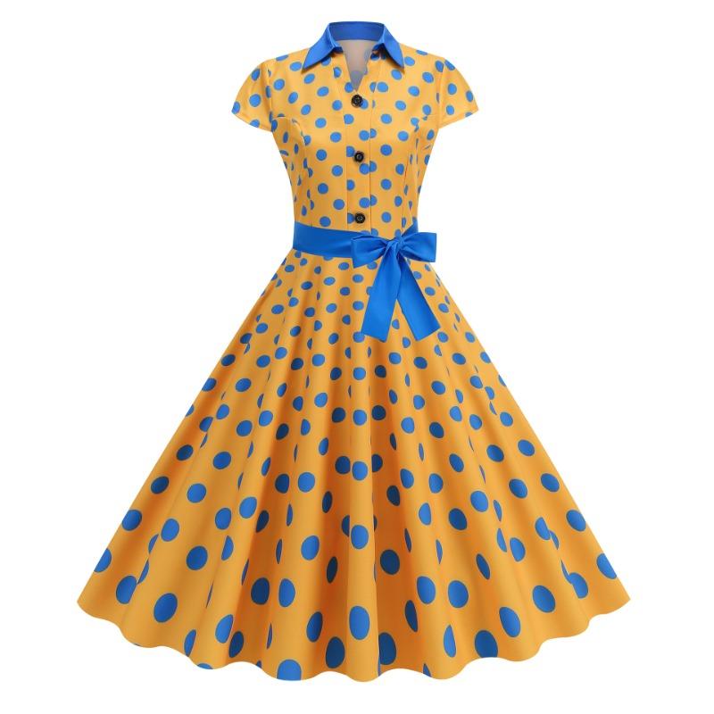Women's temperament Professional retro stand-up collar polka dot splicing pendulum dress with belt