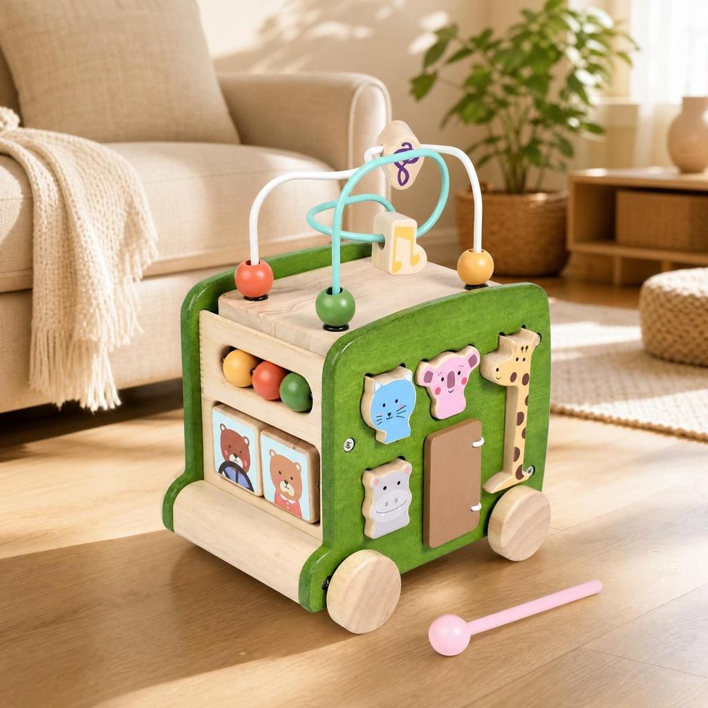 Multifunctional Wooden Bus Activity Toy Interactive Bus-Shaped