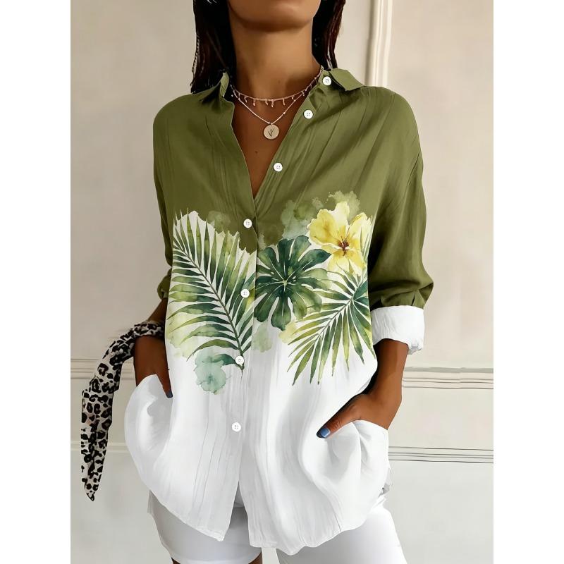 Women's Long Sleeve Watercolor Floral Print Button Down Casual Shirt Elegant Daily Blouse Tops in White for Spring Summer