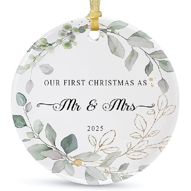 Our First Christmas Married Ornament 2025,Wedding Gifts for Couples Unique Decoration,First Year Newlywed Mr and Mrs Hanging 2.9" Ceramic Round