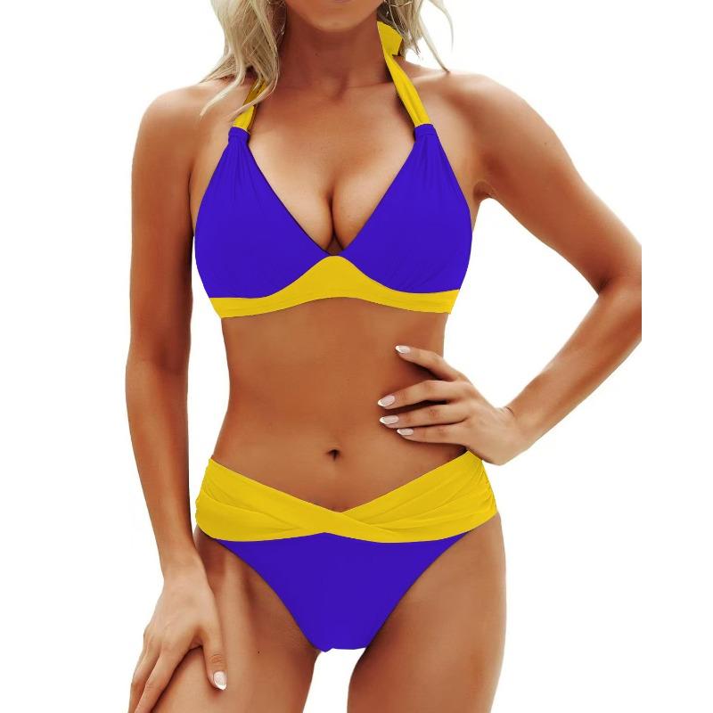 Split swimsuit women's contrasting color neck gathering high waist swimsuit sexy bikini swimsuit women's high sense