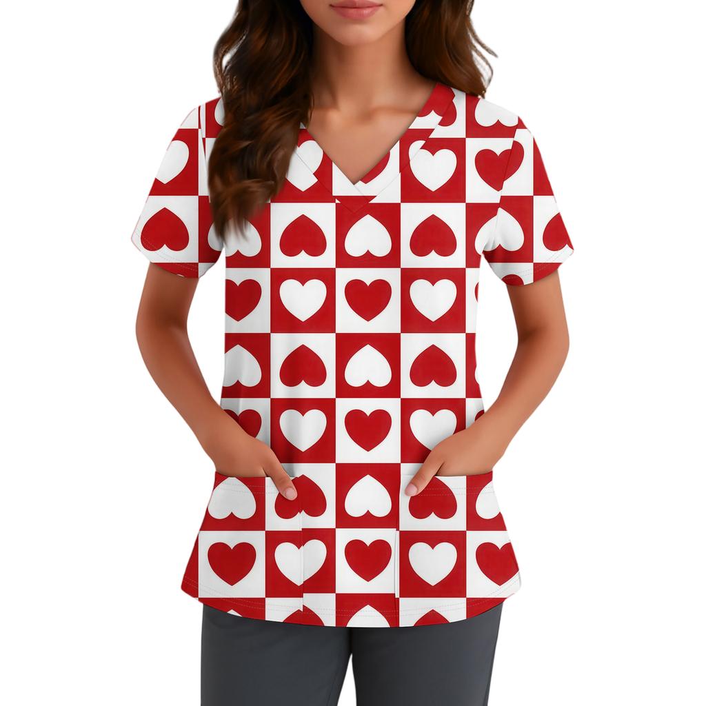Women's Cute Bow Printed Work Clothes V-neck Double Layer Pockets Basic Short Sleeve Top Pullover