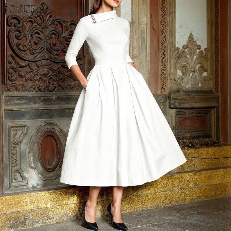 ZANZEA Women Casual Round Neck 3/4 Sleeve Elegant A-Line Dress