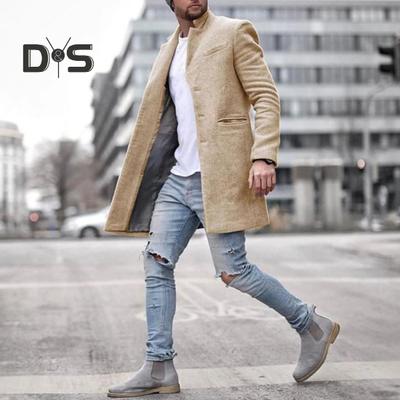 Men Woolen Coat Lapel Long Sleeve Mid-length Overcoat Solid Color Single Breasted Long Outwear with Side Pockets