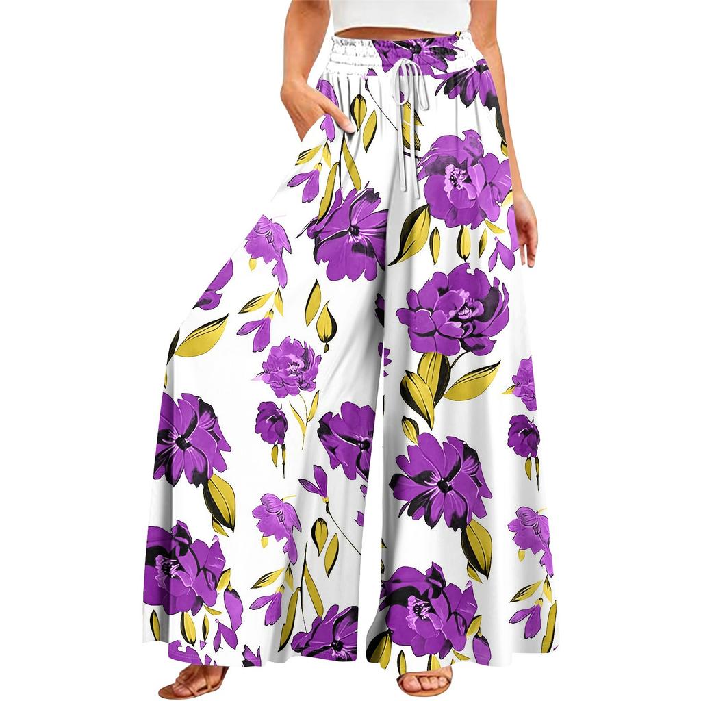 Women's Summer Wide Leg Pants High Waisted Flowing Pockets Fashion Casual Casual Bohemian Printed Beach Pants